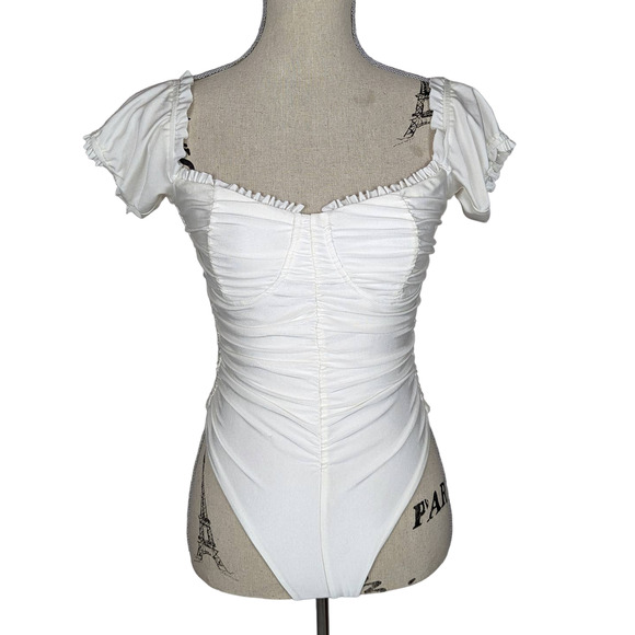 Tiger Mist Tops - Tiger Mist Ruched Off The Shoulder Bodysuit White Small